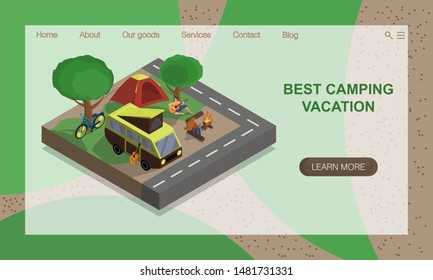 Family resting in nature, eco tourism, camping. Camp with tent, van - picnic on nature, vacation concept. Forest landscape. Isometric 3D illustration. Vector website landing page design template