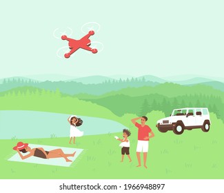 The family is resting in nature in solitude. Travelling by car. Dad and son are launching a quadcopter. Mom is sunbathing. Flat vector illustration.