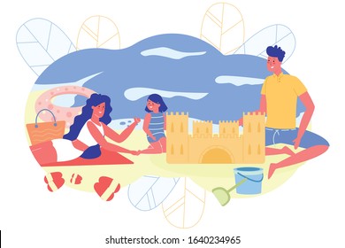 Family Resting on Beach and Build Sand Castle. Dad and Daughter have Fun Together, Mom Next to them Lies on Plaid and Sunbathes. Woman Show Thumb up, Making Clear that she Happy with their Building.