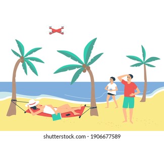 Family resting on the beach near the sea. Dad and son are launching a quadcopter. Mom is lying on a hammock with a book. Family summer vacation. Flat vector illustration.