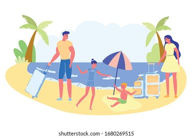 Family Resting On Beautiful Beach With Luggage. Children Spread Litter And Set Up Small Beach Tent. Dad And Mom Standing With Suitcases And Watching Their Fun Game. In Background Are Palm Trees.