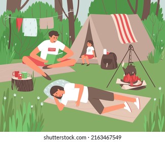 The family is resting outdoors in the forest. Dad, mom and son are relaxing together in solitude. The family retired to nature, pitched a tent and kindled a fire. Flat vector illustration.