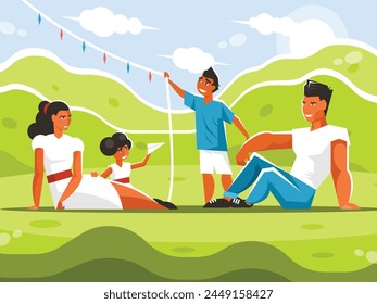 Family resting in the park. Mom, dad, daughter and son on a picnic. Vector graphics