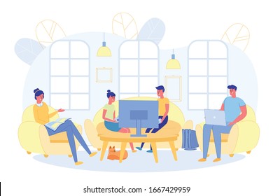 Family Resting Together at Weekend in Living Room. Whole Family Gathered in Spacious Room. Children Sitting on Couch and Playing Game Console. Parents Sitting in Armchairs on Sides.