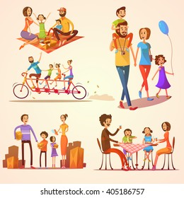 Family Retro Cartoon Set With Celebrations Holidays And Activities Isolated Vector Illustration 