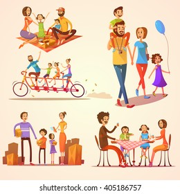 Family retro cartoon set with celebrations holidays and activities isolated vector illustration 