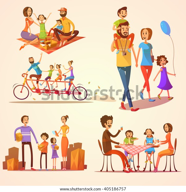 Family retro cartoon set\
with celebrations holidays and activities isolated vector\
illustration 