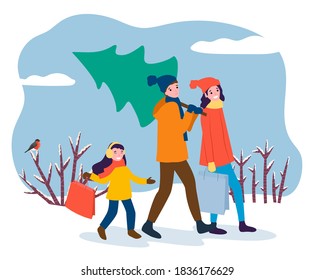 Family returning home with bought Christmas tree for winter holidays. Mom and dad with kid, carrying spruce and bags for xmas celebration. Wintry landscape with bushes and bullfinch vector in flat