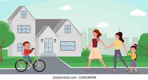 Family returning home flat vector illustration. Cute schoolboy riding bicycle, meeting neighbors in street cartoon character. Cheerful mother and daughters approaching cottage, townhouse
