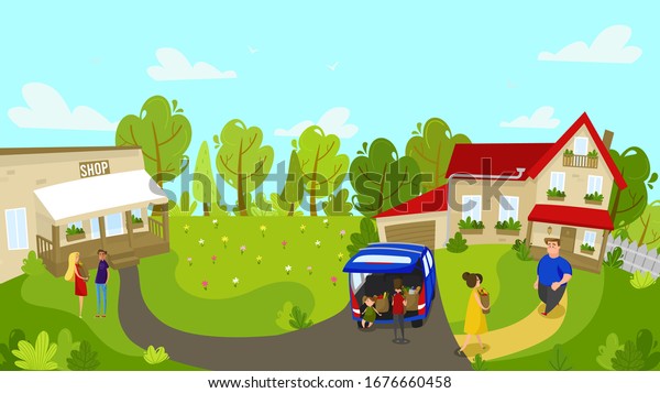 Family returns home from local grocery store,\
vector illustration. People living in countryside, buying food in\
local shop. Happy children helping their parents carry grocery bags\
home, family house