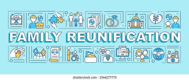 Family reunification word concepts banner. Parents with children moving abroad. Infographics with linear icons on blue background. Isolated typography. Vector outline RGB color illustration