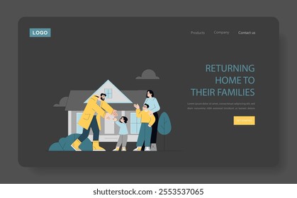 Family reunion concept. Joyful moment as parents return home to their excited children. Affection, love, and togetherness indoors. Vector illustration.