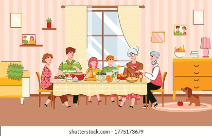 Family reunion at festive meal scene with grandparents and children, cartoon vector illustration. The family has lunch together at a common large table.