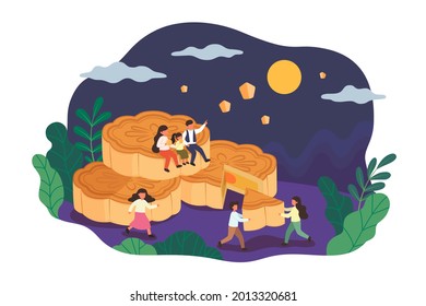 Family Reunion On Mooncake Festival. Flat Illustration Of Family Getting Together On Mid Autumn Festival Eating Mooncakes And Watching Sky Lanterns Flying At Night