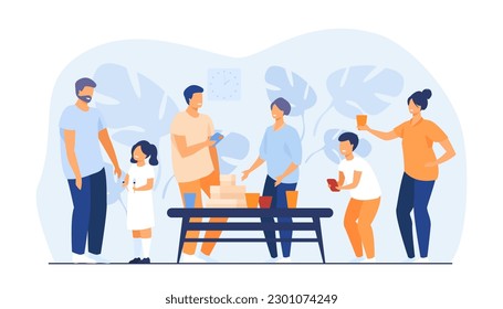 Family reunion at picnic or bbq vector illustration. Happy grandparents, parents and children drinking together and talking, taking photos. Family and friends reunion, togetherness concept