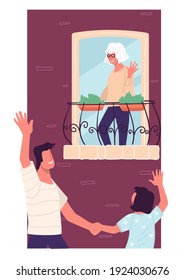 Family reunion, son and daughter visiting grandmother, waving hand from balcony. Weekends activity and togetherness with close people and relatives. Retired person at house. Vector in flat style