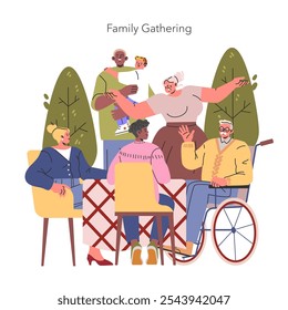 Family reunion vector illustration. Joyful multi-generational family get-together outdoors. Warm interaction, inclusive diverse group bonding. Vector illustration.