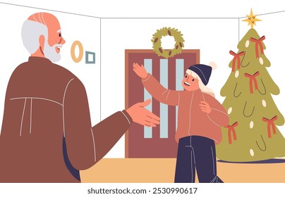 Family Reunion As Young Woman Visits Elderly Father For Christmas Cheer. Festive Scene With Decorated Christmas Tree