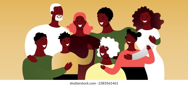 Family Reunions, vector flat illustration, genuine emotions of joy, togetherness, African people together with genuine emotions and holiday spirit