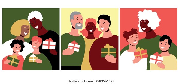 Family Reunions, vector flat illustration, genuine emotions of joy, togetherness, People with facial expressions such as excitement, surprise, happiness