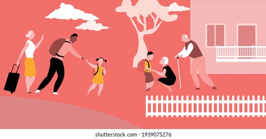 Family reunited after lockdown, parents bringing children to see grandparents, EPS 8 vector illustration