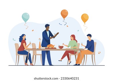 Family reuniting for holiday vector illustration. Happy friends or relatives having dinner together, celebrating Christmas, Thanksgiving or birthday. Family reunion, holiday, togetherness concept