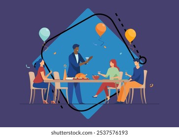 Family reuniting for holiday vector illustration. Happy friends or relatives having dinner together, celebrating Christmas, Thanksgiving or birthday. Family reunion, holiday, togetherness concept