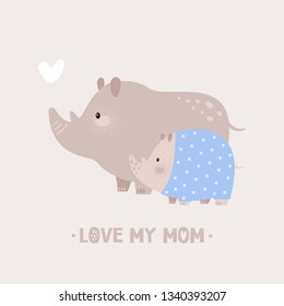 Family rhinoceros. Zoo animals. Mother and baby. Cartoon character illustration and lettering for kids game, book, t-shirt, card, print, poster and decoration. Vector clipart