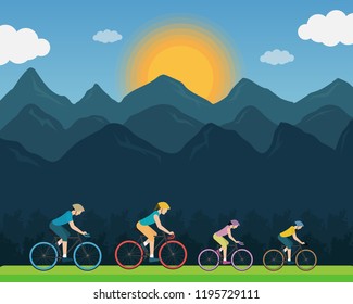 Family ride bicycles on a mountain, view at evening time