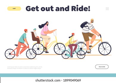 Family ride concept of landing page with parents and kids cycling together in park. Big family riding bikes. Cute mother, father with children in helmets on bicycles. Flat cartoon vector illustration