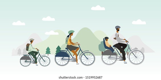 Viaje familiar y en bicicleta . Padres y niños conduciendo bicicleta entre montañas y árboles. El concepto de actividad al aire libre vectorial para banner, web, aplicación móvil, volante, afiche, impresión.