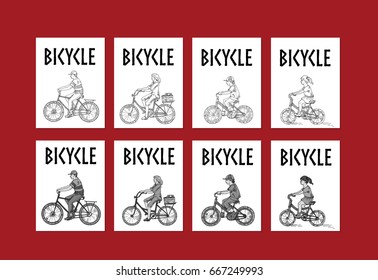 family rides a bicycle ride, vector line drawing illustration