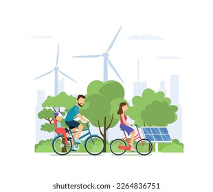 A family rides bicycles against the backdrop of a modern city that uses carbon-free energy. Vector illustration.