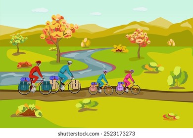 Una familia monta en bicicleta a lo largo de un camino de tierra en un valle del río, entre árboles y arbustos, en otoño, con el telón de fondo de las montañas y un cielo despejado.