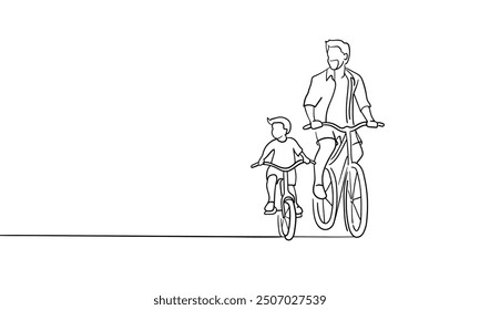 The family rides bicycles. Father and child go for a walk continuous line art drawing isolated on white background. Father` s day. Vector illustration
