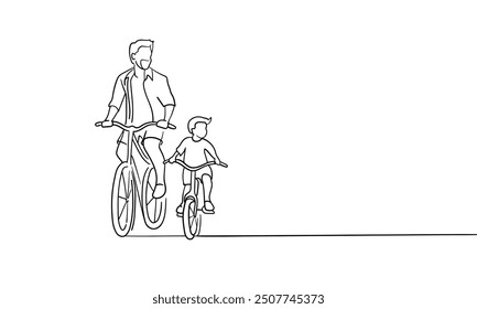 The family rides bicycles. Father and child go for a walk continuous line art drawing isolated on white background. Father` s day. Vector illustration