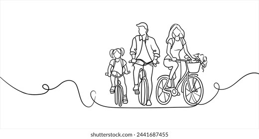 La familia anda en bicicleta. Los padres y el niño van a caminar por un dibujo de arte en línea continua aislado sobre fondo blanco. El día del padre. Blanco y negro. Ilustración de vector