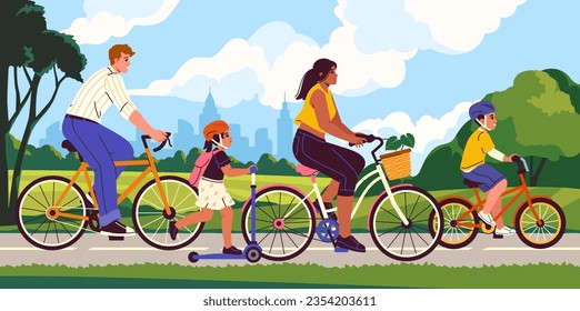 Afiche de moto y moto para familias. Cartel con parque verde de la ciudad y personajes en deportes activos. Padres y niños pasan tiempo juntos y disfrutan de un estilo de vida saludable. Dibujo vectorial plano de dibujos animados