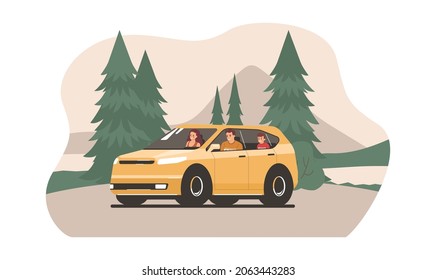 Family rides in a SUV car on a forest road. Vector illustration.