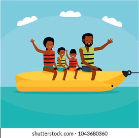 Family riding banana boat. Summer vacation time vector illustration. Sea tour. African american family. Flat cartoon illustration.