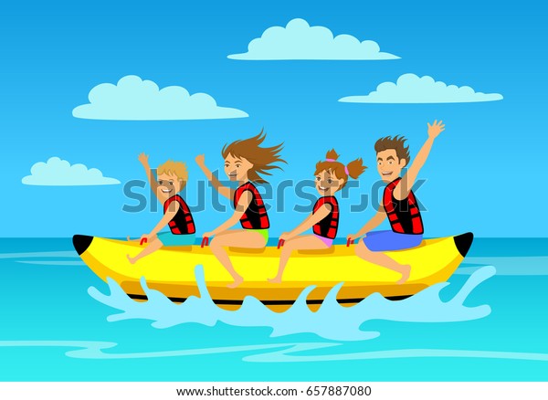 家族乗りバナナボート 夏休み時間のベクター画像イラスト のベクター画像素材 ロイヤリティフリー
