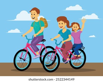 Family riding bicycle, father, mother, son, vector illustration. Concept of togetherness.