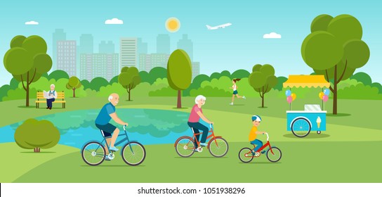 Family riding a bicycle Grandfather sitting on the bench and reading newspaper  and Running girl in the park. Ice cream cart. Vector flat illustration