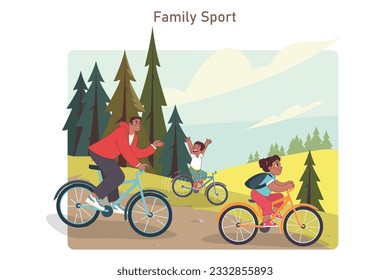 Familia montando una bicicleta. Feliz padre e hijos haciendo deporte, ciclismo en el bosque o parque. Actividades al aire libre saludables y estilo de vida. Ilustración vectorial plana