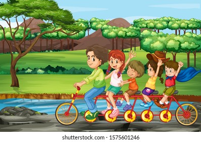 Family riding bicycle in the park illustration