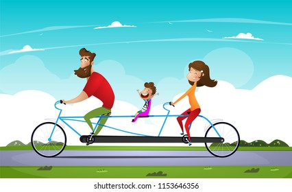Family riding a bicycle in the park. Tandem bike. Vector illustration