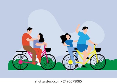 Family riding bicycles in city park  2d flat vector illustration