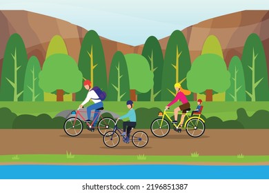 Family riding bicycles in the park by the lake 2d vector illustration concept for banner, website, illustration, landing page, flyer, etc.