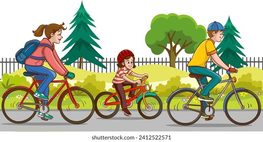 Family riding bicycles in the park. Vector illustration in flat style.