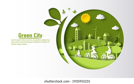 A family riding a bike with a city background, landing page and banner design, paper illustration, and 3d paper.